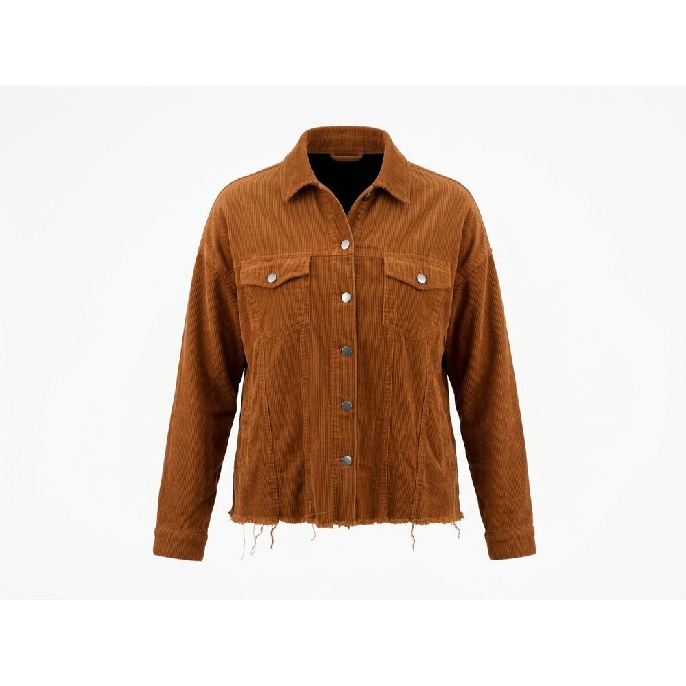 Womens Brown Corduroy Overshirt Jacket Raw Hem Button Up Size 2XL